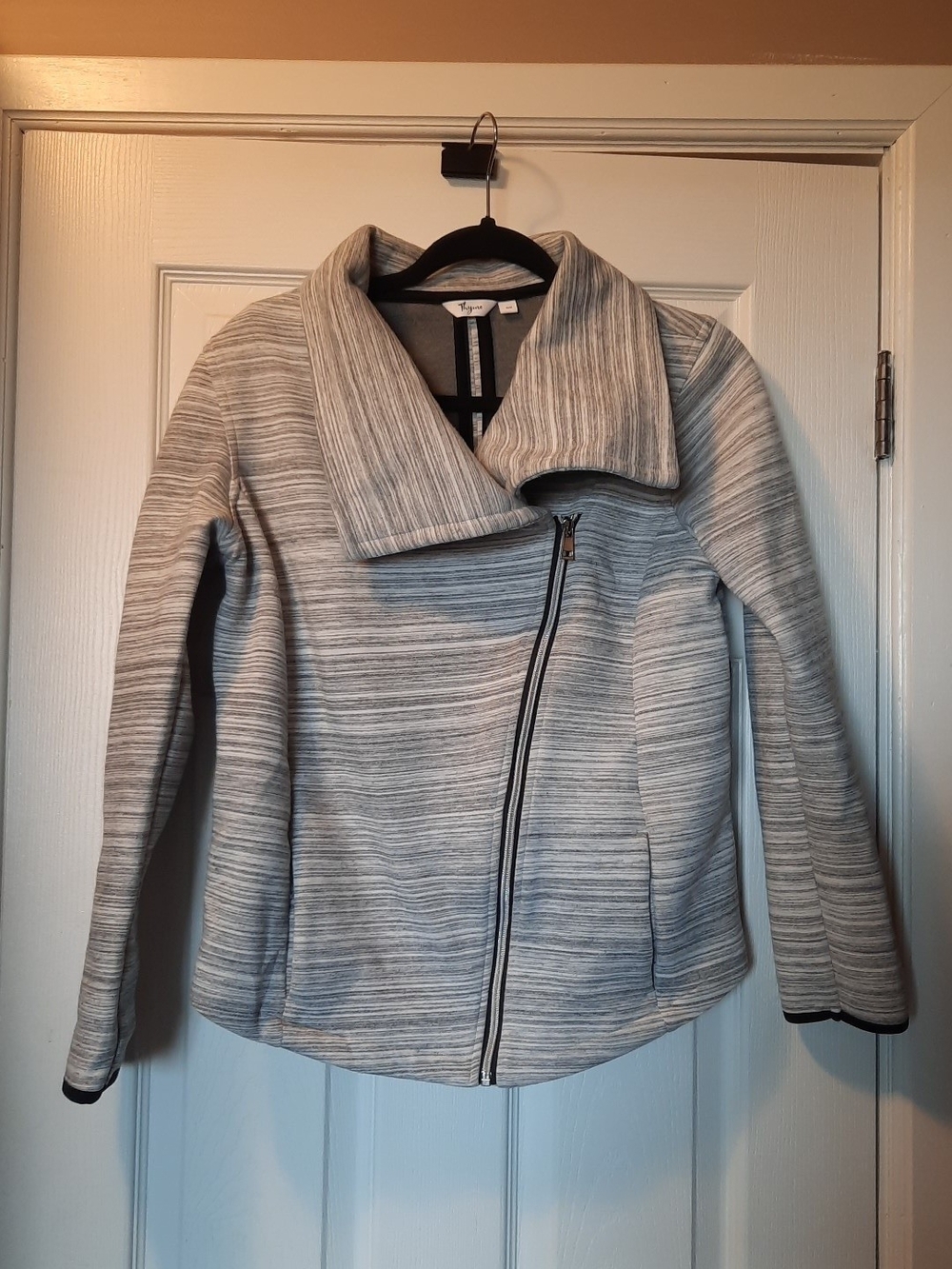 Light Heather Gray Striped Zip Moto Sweater - MATERNITY